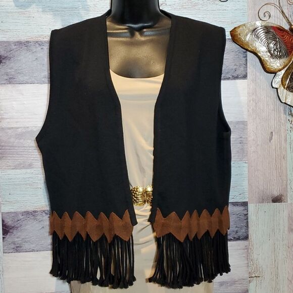 Vintage Black Knit Fringe Open Front Vest Bolero Sz L? 624 - Picture 1 of 6